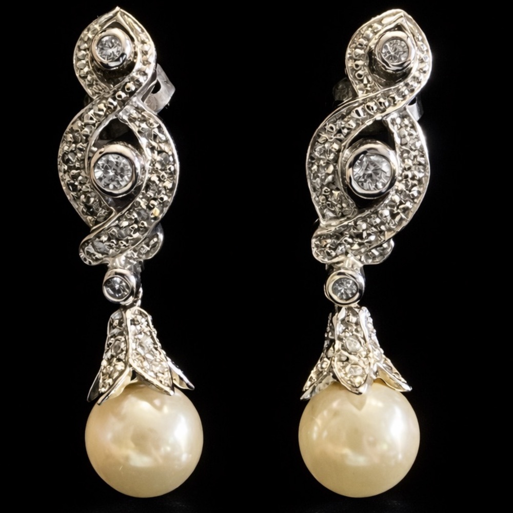 Suzanne Somers Vintage Pearl pave set CZ sterling silver dangle drop earrings